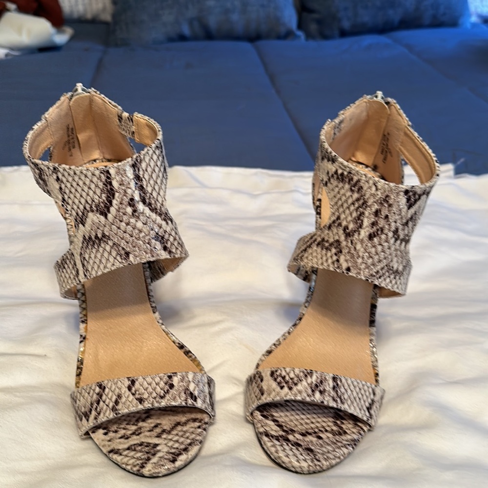 Snake skin high heel sandals, size 5 1/2